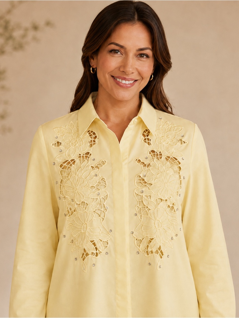 Button-Front Eyelet Floral Shirt - Yellow